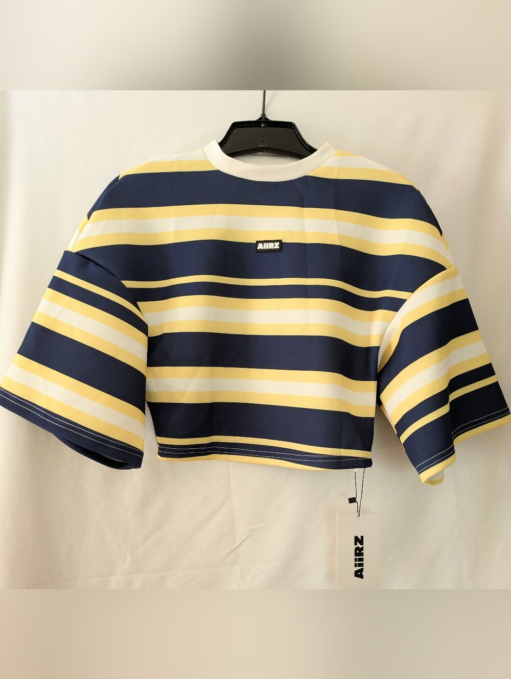 AiiRZ Oversized Drop Shoulder Round Neck Navy, Yellow & White Striped Crop Tee
